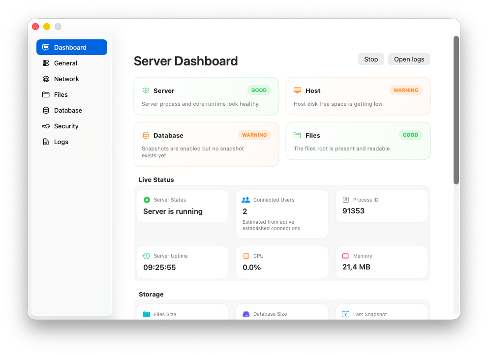 Wired Server dashboard